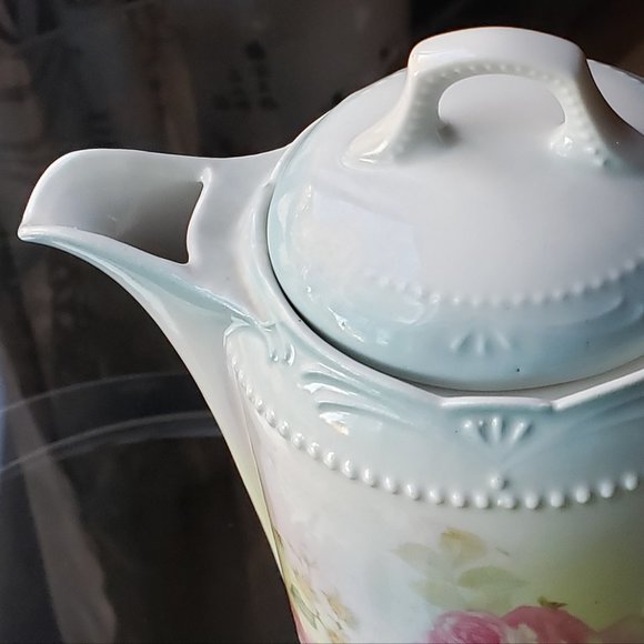 ANTIQUE GERMAN PORCELAIN CERAMIC PINK ROSES CHOCOLATE COFFEE TEA POT - Picture 8 of 14